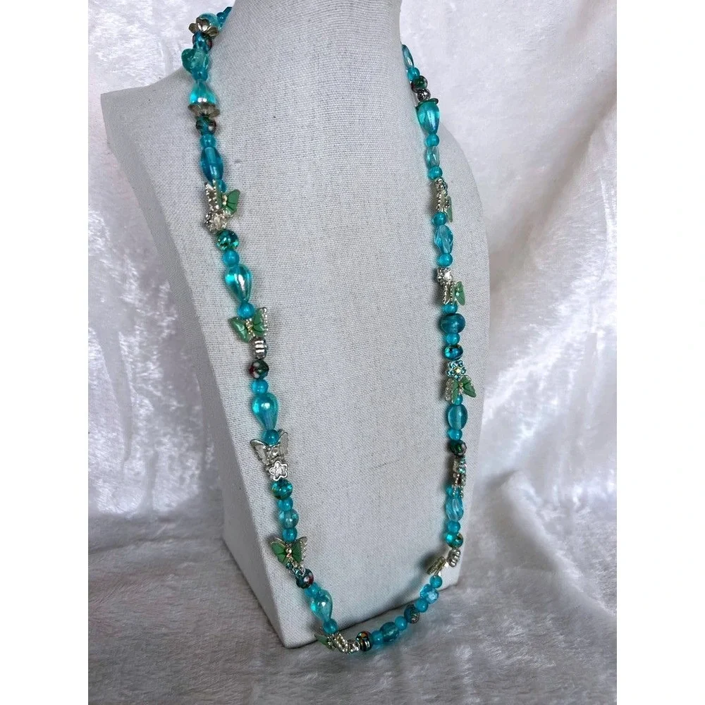 Turquoise Glass Bead Necklace Butterflies Lampwork Foil‎ Artisan 27